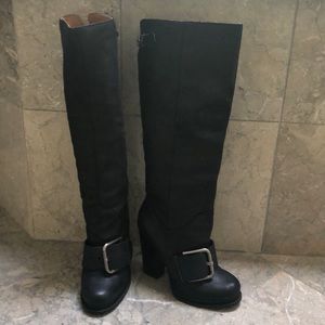 Black boots with a block 4 inch heel big buckle